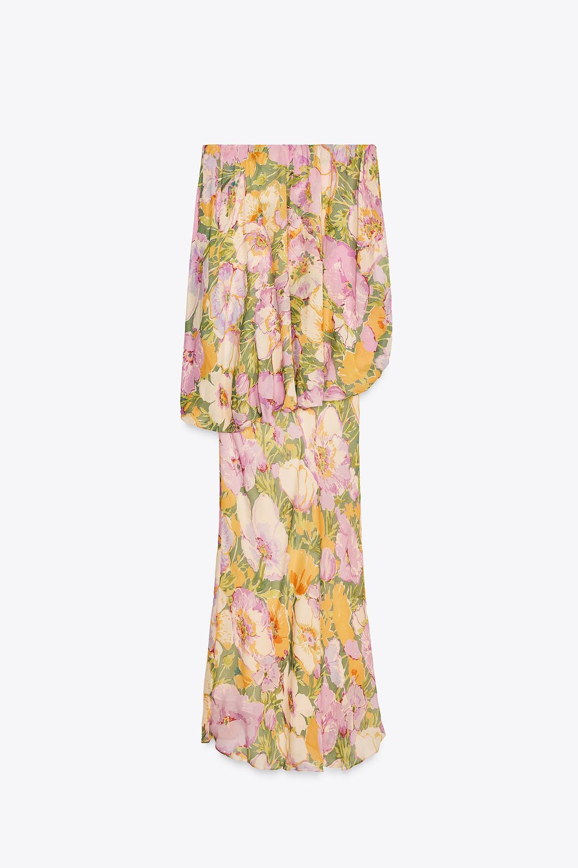 This dress showcases a straight-cut neckline and bare shoulders, creating a sleek and elegant silhouette. Its detailed floral print delivers a subtle yet captivating design, complemented by a comfortable, structured interior lining. The concealed side zip with a metal hook ensures a flawless fit and effortless wear. Perfectly tailored for refined occasions, it combines sophistication and practicality with expert craftsmanship.