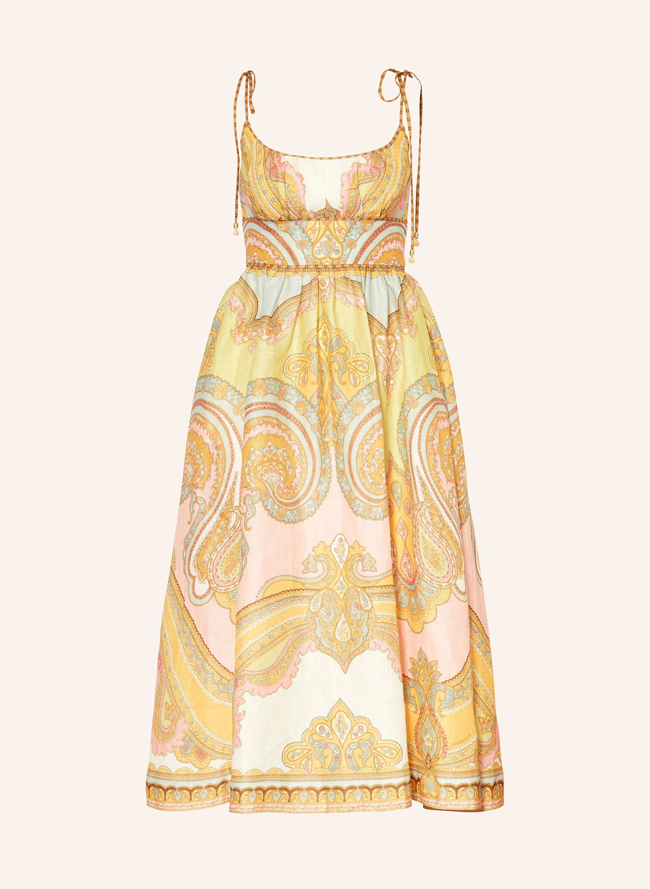 The Maxine Picnic Midi Dress by Zimmermann features a boned bodice with a smocked back for a tailored yet flexible fit. Crafted from lightweight linen, it ensures breathable comfort during warm days. The unlined design pairs with self-tie shoulder straps and a hidden back zipper closure for a sleek silhouette. Functional side seam pockets add practicality without compromising style, making this dress an expert choice for effortless, elegant summer wear.