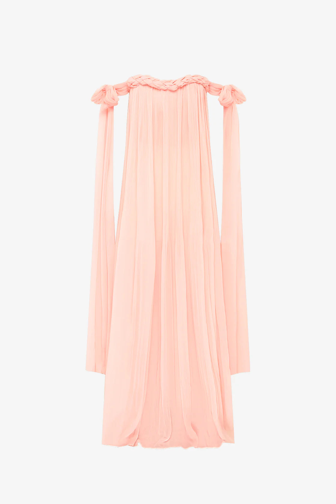 Elevate your elegance with this draped floor-length dress featuring an intricate braided neckline and a corset bodice lining for subtle structure. The tie arm straps flow gracefully into a train, complementing the relaxed silhouette. An invisible back zip closure ensures a seamless finish, while the sheer tulle lining adds delicate dimension to this sophisticated design.