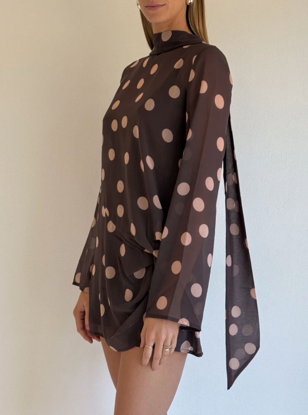 elodie mini dress in Chocolate Polka – Mademoiselle Boutique making it perfect for _okendo:syndication_key:CL134619005 Neck Size:M Amelie One-Shoulder Accordion Pleat