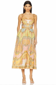 The Maxine Picnic Midi Dress by Zimmermann features a boned bodice with a smocked back for a tailored yet flexible fit. Crafted from lightweight linen, it ensures breathable comfort during warm days. The unlined design pairs with self-tie shoulder straps and a hidden back zipper closure for a sleek silhouette. Functional side seam pockets add practicality without compromising style, making this dress an expert choice for effortless, elegant summer wear.