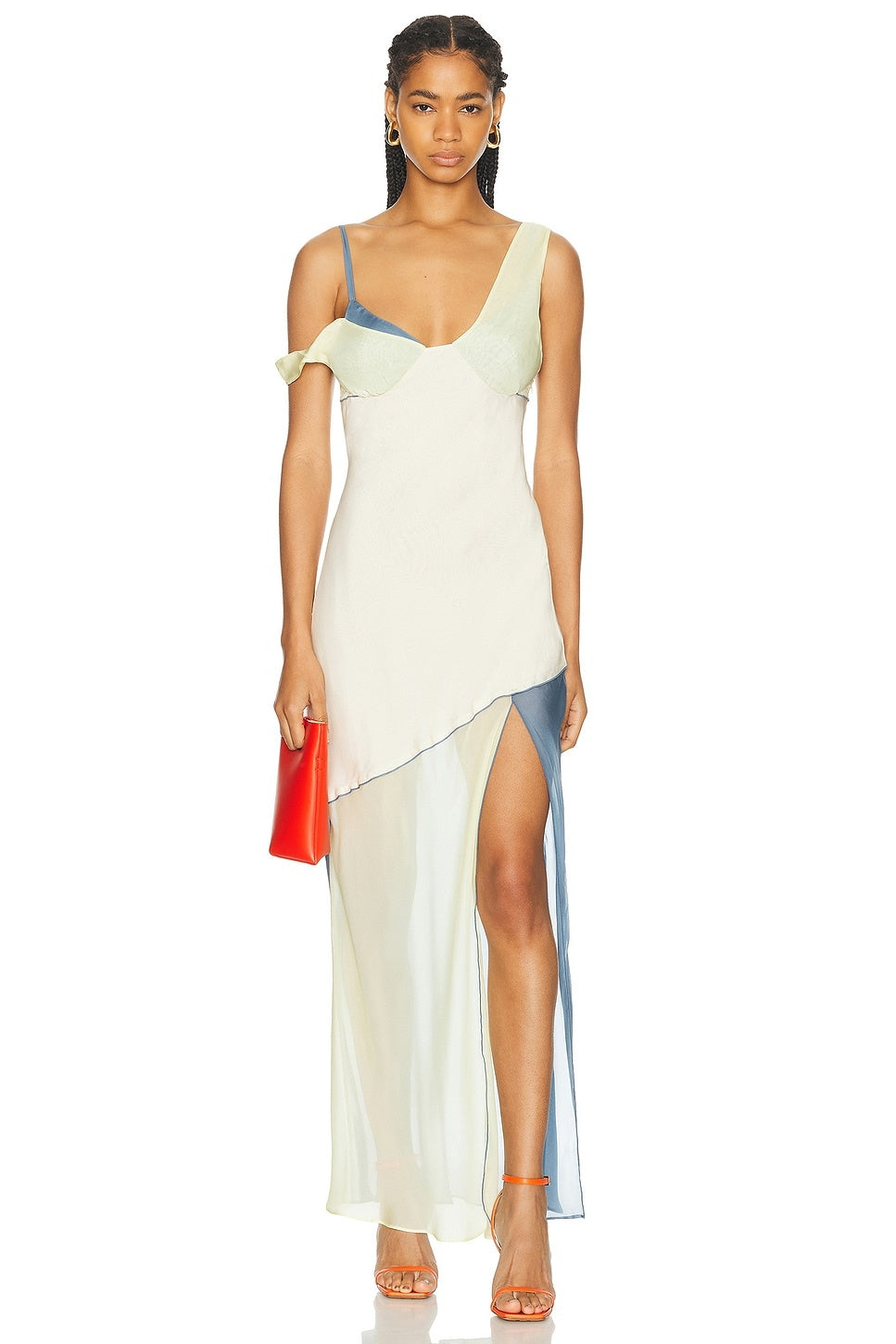 The Thames Splice Midi Dress by SIR features a graceful off-the-shoulder silhouette accented with elegant contrast trim. Crafted from lightweight chiffon, it drapes beautifully while the front slit adds a touch of subtle allure. Partially lined for comfortable wear, this dress secures with a discreet side zipper for a refined finish—ideal for sophisticated occasions.