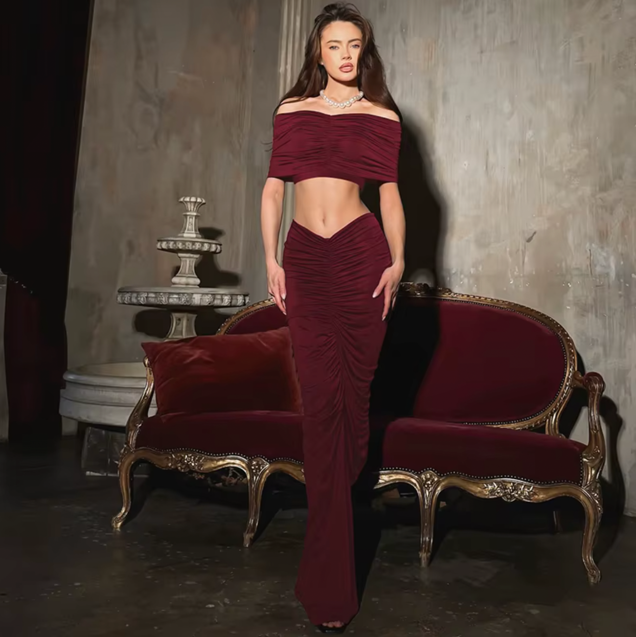 Upgrade your wardrobe with the Maddison Set. This two-piece set features a sexy, off-the-shoulder crop top and a figure-hugging skirt that will show off your curves. Perfect for any event, you'll feel confident and stylish in this set.