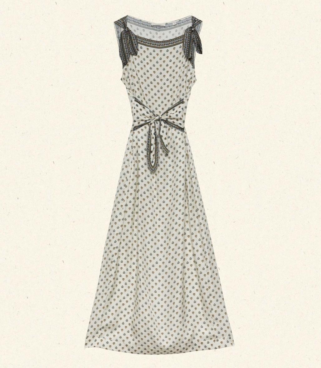 The Amorette Dress in Riviera Foulard by Doen epitomizes effortless elegance with its luxurious silk-viscose twill construction. This sleeveless column silhouette features a refined bateau neckline, adjustable shoulder ties, and a functional waist seam that defines the figure while allowing comfortable movement. A center back slit provides practical ease without compromising sophistication. 