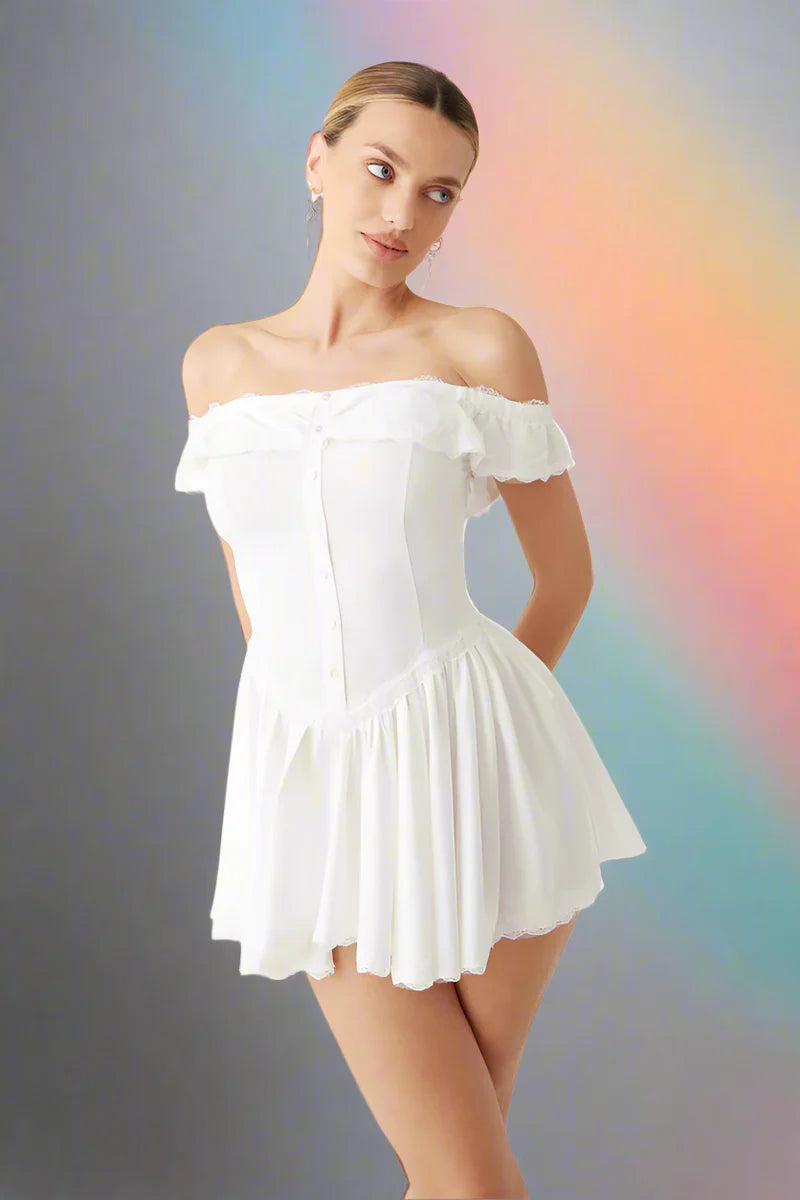 Elevate your evening look with the Charli Mini Dress. Made of silk-like fabric, this off-the-shoulder dress features a smocked back and corset waist for a sultry silhouette. Vintage-inspired lace accents and lace trim add a touch of elegance, while the elastic neckline ensures a comfortable fit. Perfect for any special occasion.