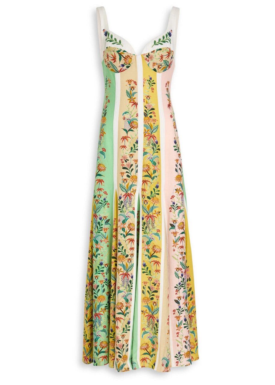 This sophisticated maxi dress from Farm Rio combines a linen-blend fabric with a delicate floral print and striking striped color-block panels. Featuring a flattering sweetheart neckline with a balconette-style bust, it offers an elegant silhouette. The concealed hook and zip fastening at the back ensures a seamless fit. Made from 55% linen and 45% viscose, this dress provides breathable comfort and graceful movement ideal for refined daytime or evening occasions.