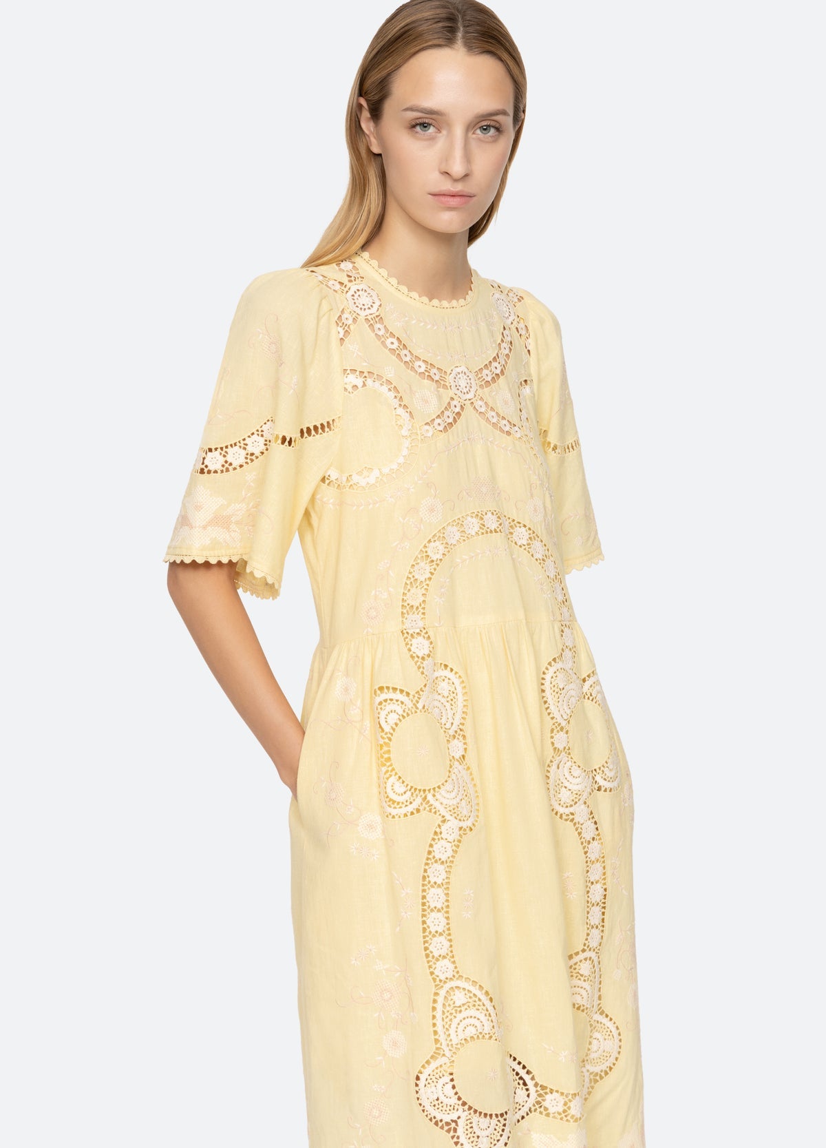 Elevate your wardrobe with the Vesna Embroidered Midi Dress by SEA NY, featuring delicate embroidery and scalloped trim for a refined finish. Its crew neckline and short sleeves complement the flattering A-line silhouette, while the hem gracefully falls below the knee. The back tie closure offers a tailored fit, combining elegance with comfort. Crafted from a cotton, linen, and polyester blend, this dress is best maintained with dry cleaning to preserve its quality. Perfect for sophisticated occasions.