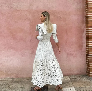 Elevate your style with our Leah Lace Dress! This stunning maxi dress features delicate lace and a sleek high collar, perfect for any occasion. The slim design and solid color will flatter your figure and make you feel confident and elegant. Embrace the beauty of spring with our long-sleeved lace dress.