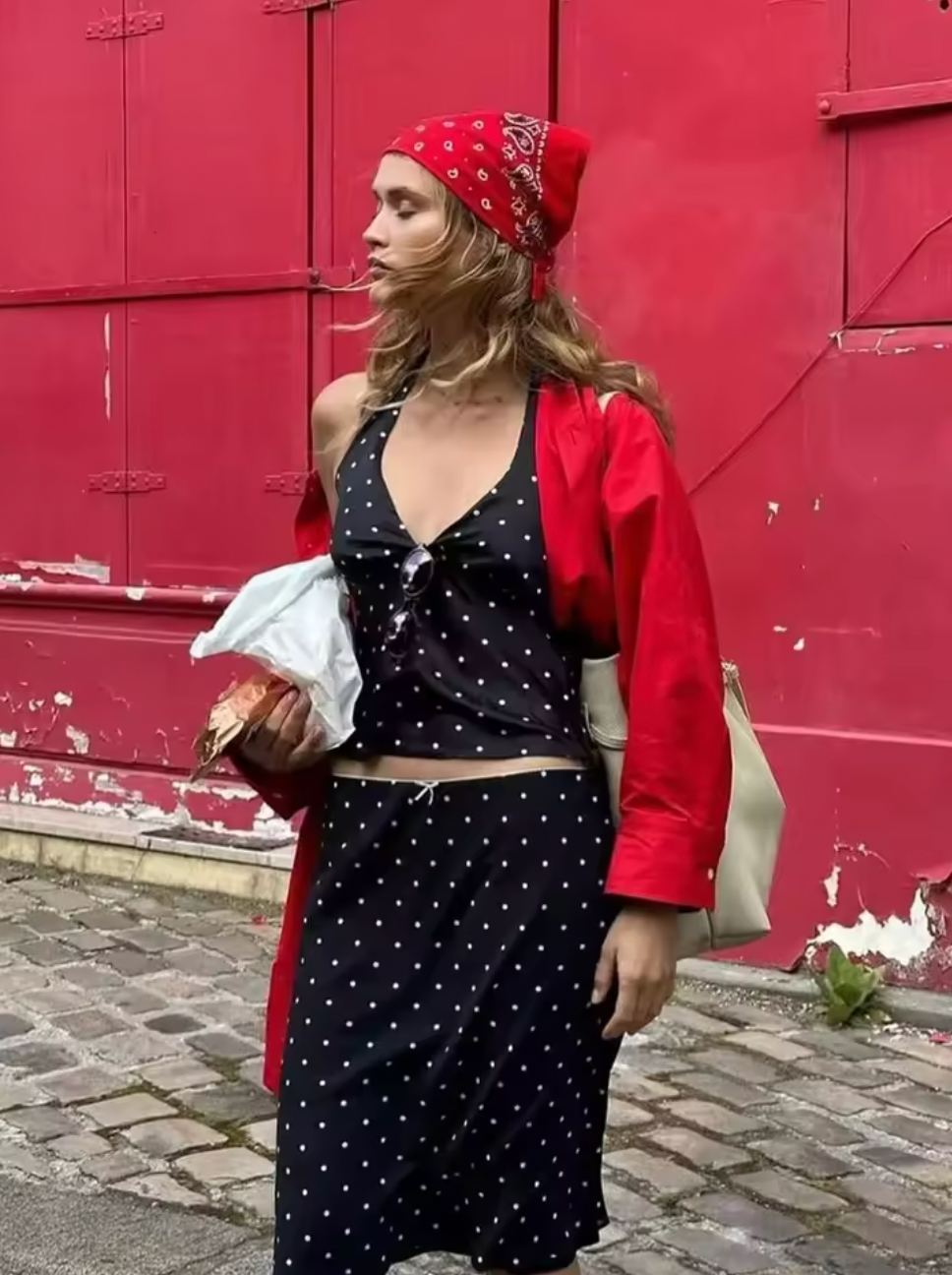 Embrace timeless elegance with the Iris Set, a vintage-inspired two-piece ensemble perfect for summer. Featuring a V-neck halter top paired with a straight skirt, this polka dot outfit blends retro charm with modern sophistication. Ideal for beach outings or stylish daywear, it offers both comfort and grace, ensuring you make a confident statement wherever you go.