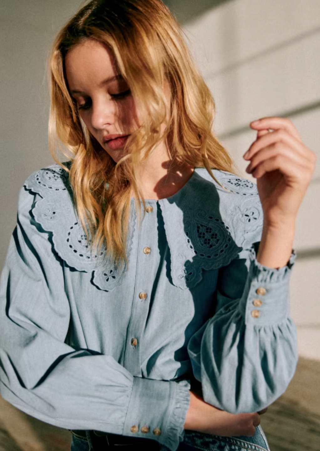 The Flavie Shirt combines timeless elegance with expert craftsmanship. Featuring a large embroidered collar that adds a refined, artisanal touch, this long-sleeve shirt boasts a classic button-down front for versatile styling. Its tailored design ensures a polished look suitable for both professional and casual settings, making it a sophisticated addition to any wardrobe.