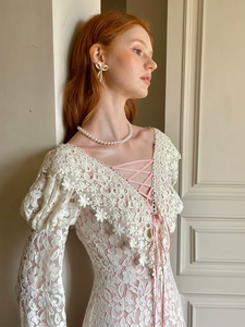 Unleash your vintage elegance in our Dahlia Dress! Perfect for spring and fall, this long dress features a slim and sexy silhouette with a flirty V-neck and charming long sleeves. Embrace French sweet luxury in this white lace dress, a must-have for any fashion-forward woman.