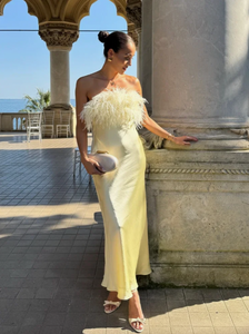 Crafted from smooth satin, this strapless dress features delicate feather detailing that adds an elegant, textured dimension. Its structured bodice provides a flattering fit while maintaining comfort and support. Ideal for formal occasions, the dress offers a refined silhouette that balances sophistication with subtle drama, making it a standout choice for evening events or special celebrations.
