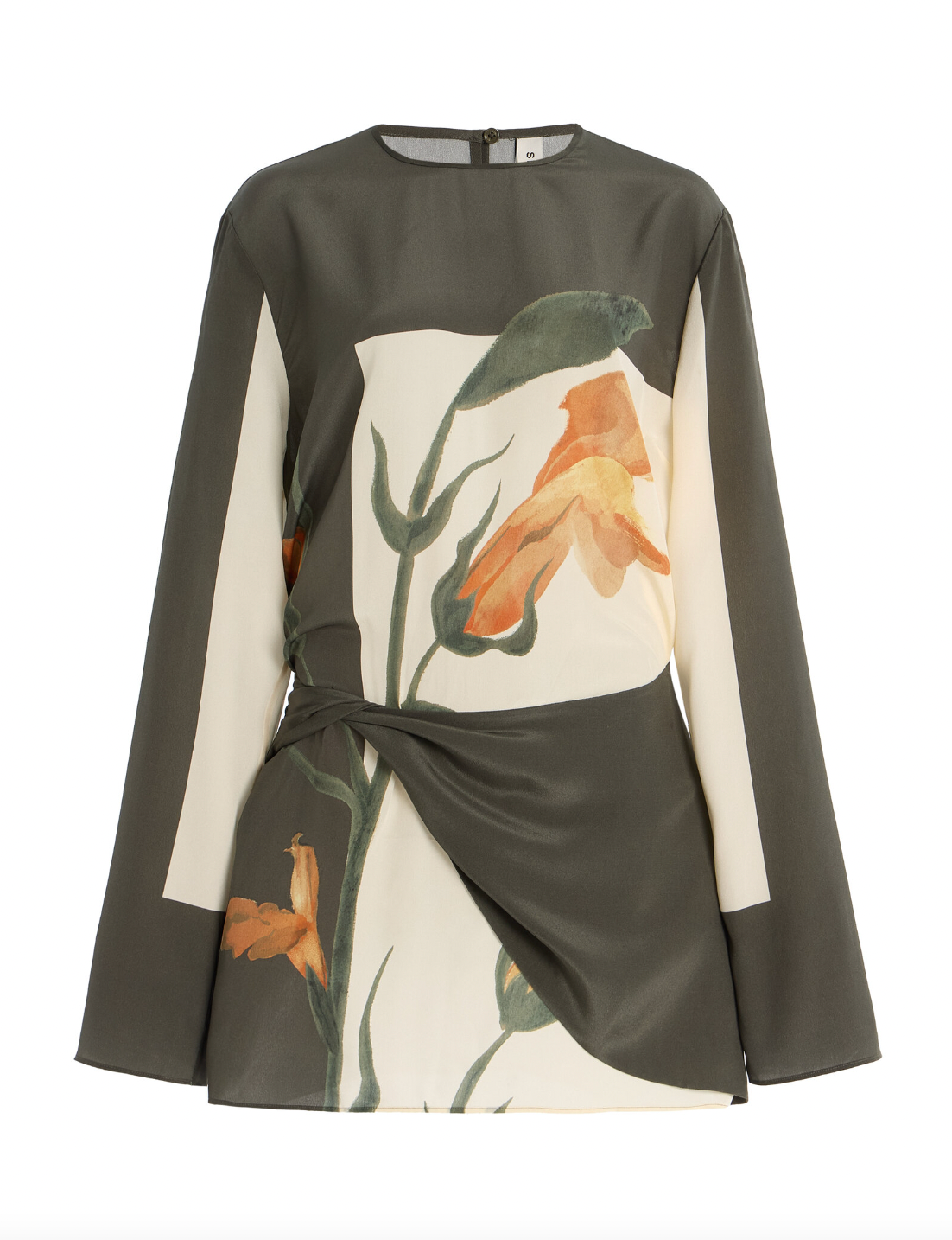The Constance Twist Mini Dress is made from delicate silk crepe adorned with artistic floral prints and bold borders. This dress offers a relaxed silhouette, showcasing long sleeves with gentle flares and a distinctive contrasting overlay accented by a twisted detail at the waist.