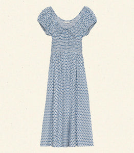 Crafted from 100% organic cotton poplin, the Quinn Dress in Dahlia Ditsy by DOEN offers refined comfort with a scoop neckline accented by an adjustable tie and an elegant keyhole detail, creating a graceful silhouette perfect for any occasion.