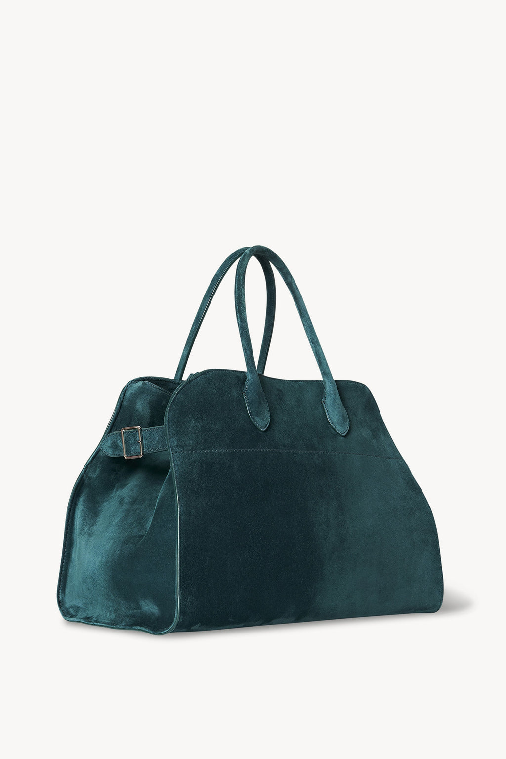 Gracefully structured top handle bag from The Row, crafted in soft calfskin suede with belted, gusseted side panels and a sleek interior.