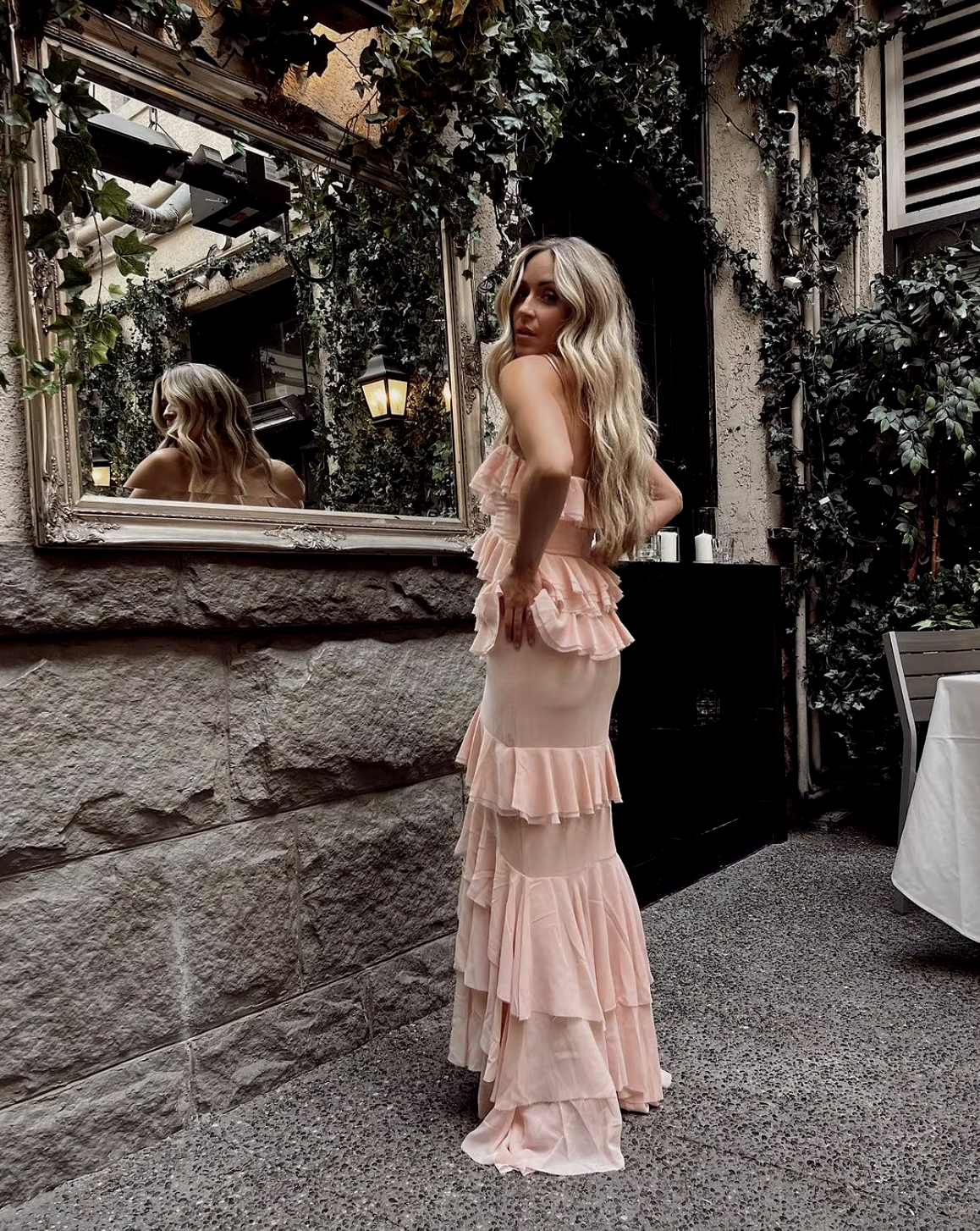 Elevate your style with the Oleksandra Maxi Dress. This luxurious dress features ruffled details and a daring open back, perfect for making a statement. Its flowy, sleeveless design and off-the-shoulder silhouette add a touch of elegance to any event. Be bold and stand out in this rose-colored dress.