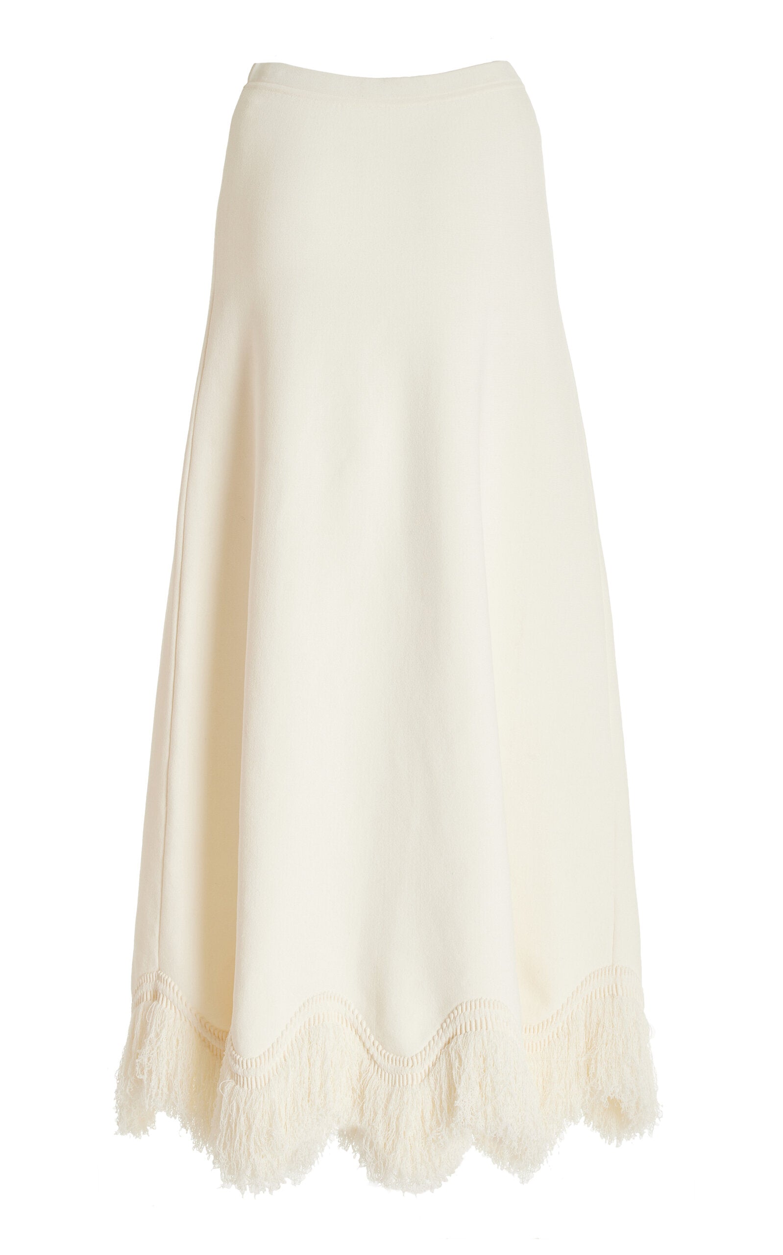 The 'Paulina' skirt offers a graceful A-line shape that gently widens toward its distinctive zig-zag fringe-trimmed hem. Complete the look by pairing it with the coordinating 'Koa' top, which boasts a sleek, sleeveless design accented by a matching zig-zag fringe detail at the hem.