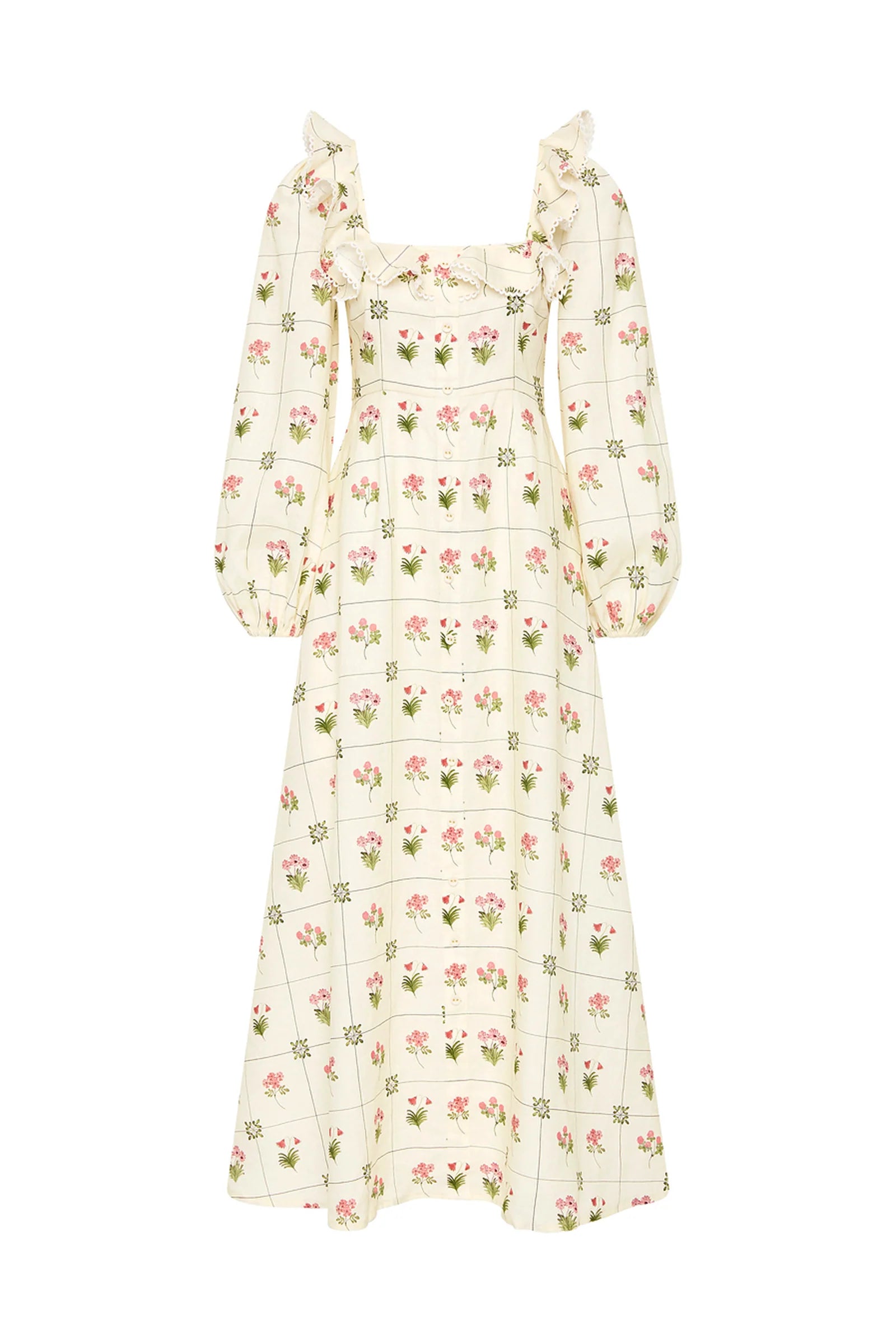 The Montana Dress in our exclusive Flower Ceramics print is expertly crafted from premium linen, combining comfort with refined style. It features a fitted bust and waist that enhance your silhouette, flowing into an elegant A-line skirt. The design includes subtle mock center-front button detailing, full-length sleeves, and a carefully tailored square neckline for a sophisticated finish. Consult our size and fit guide to ensure the perfect fit tailored to your measurements.