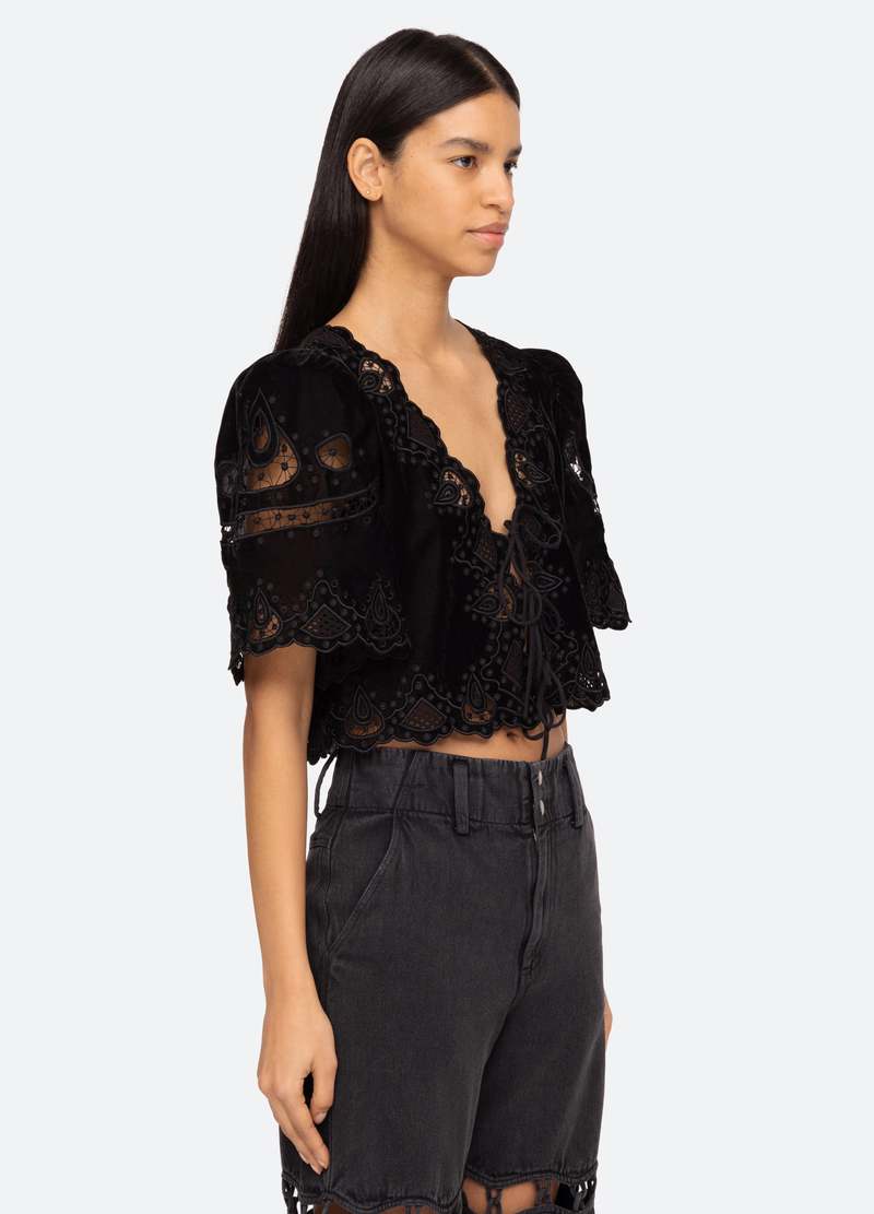 Introducing the Eliana Top by SEA, a luxurious piece adorned with intricate embroidery and a playful tie front. Its short, flowy sleeves add a touch of femininity. Elevate your style with this exclusive top that boasts elegance and sophistication.