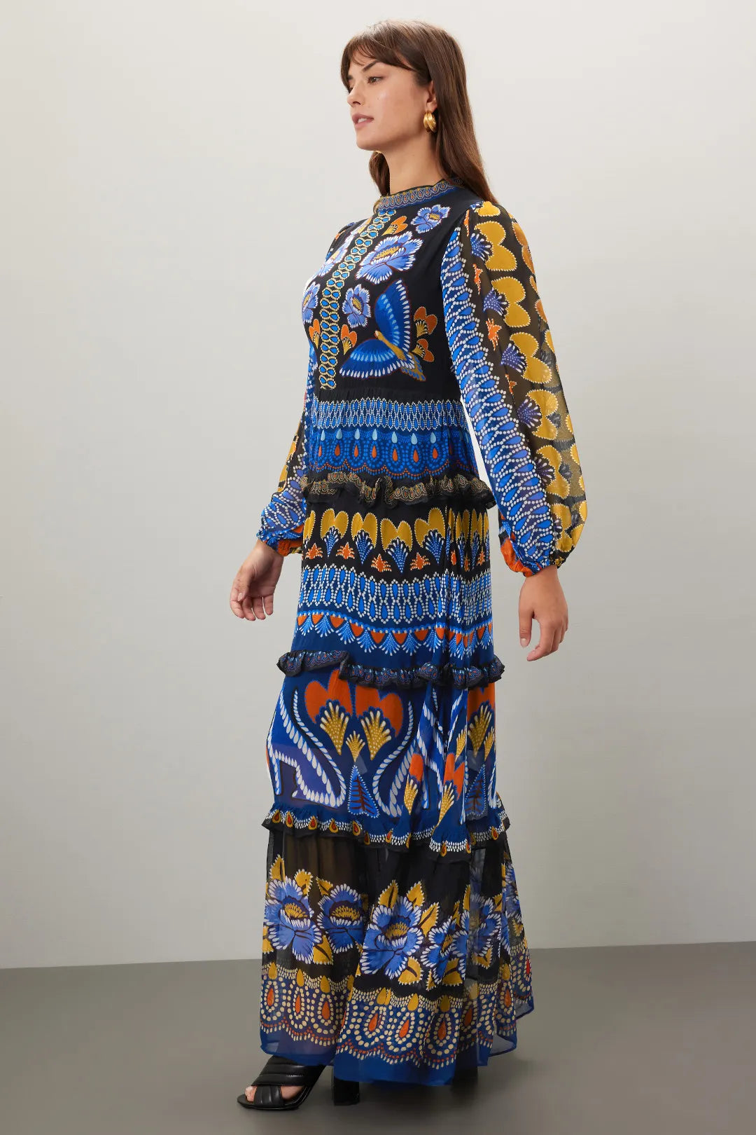 Elevate your autumn wardrobe with the Anika Maxi Dress by FARM Rio. Crafted from lightweight chiffon featuring a black geometric print, this A-line dress combines vibrant contrasting patterns with a delicate ruffle trim for a refined look. The long sleeves and mock neck provide subtle elegance, while the back zipper ensures a tailored fit. At 56 inches in length, its flowing silhouette effortlessly captures summer’s lively spirit well into the fall season. 