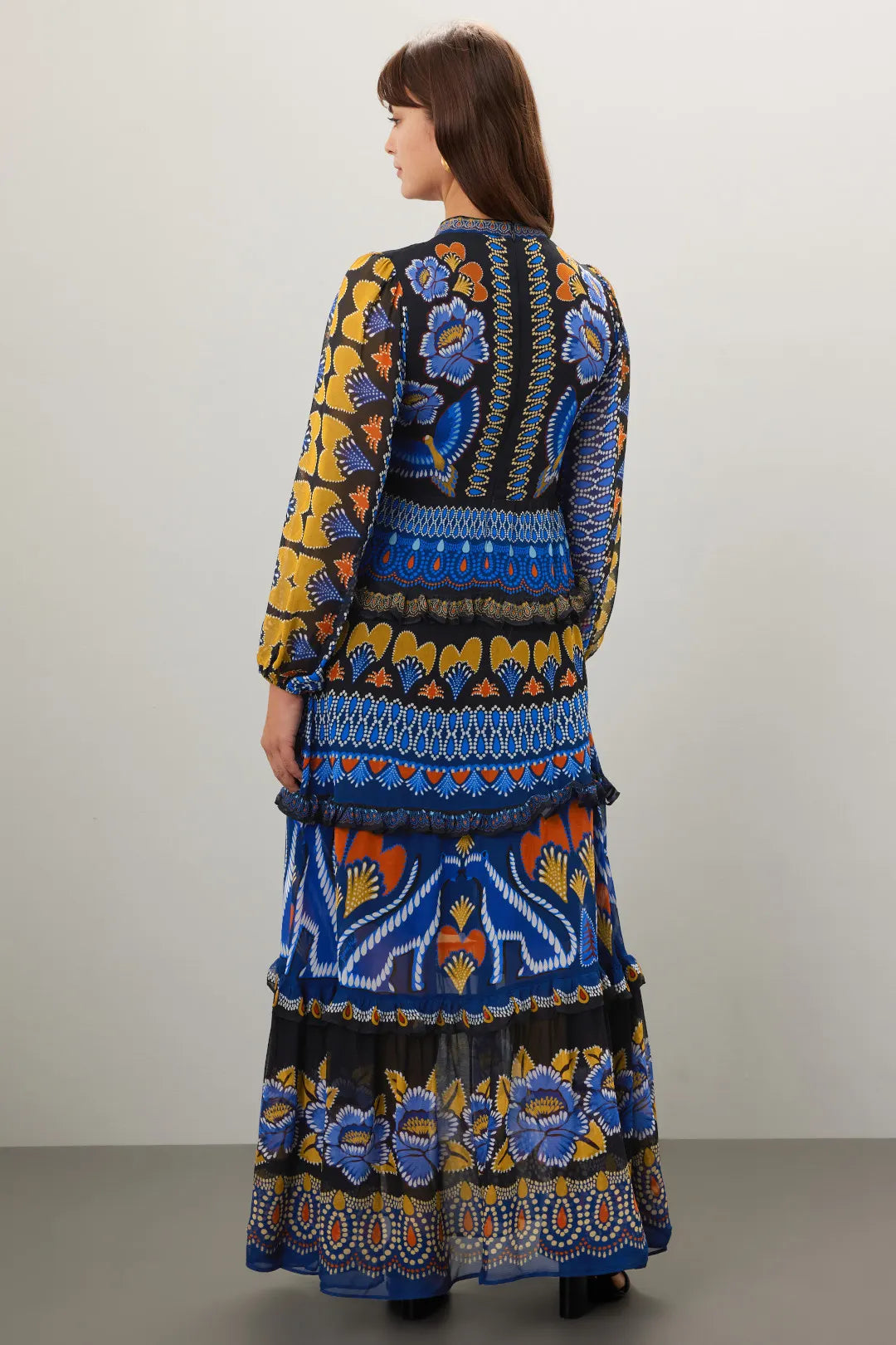 Elevate your autumn wardrobe with the Anika Maxi Dress by FARM Rio. Crafted from lightweight chiffon featuring a black geometric print, this A-line dress combines vibrant contrasting patterns with a delicate ruffle trim for a refined look. The long sleeves and mock neck provide subtle elegance, while the back zipper ensures a tailored fit. At 56 inches in length, its flowing silhouette effortlessly captures summer’s lively spirit well into the fall season. 