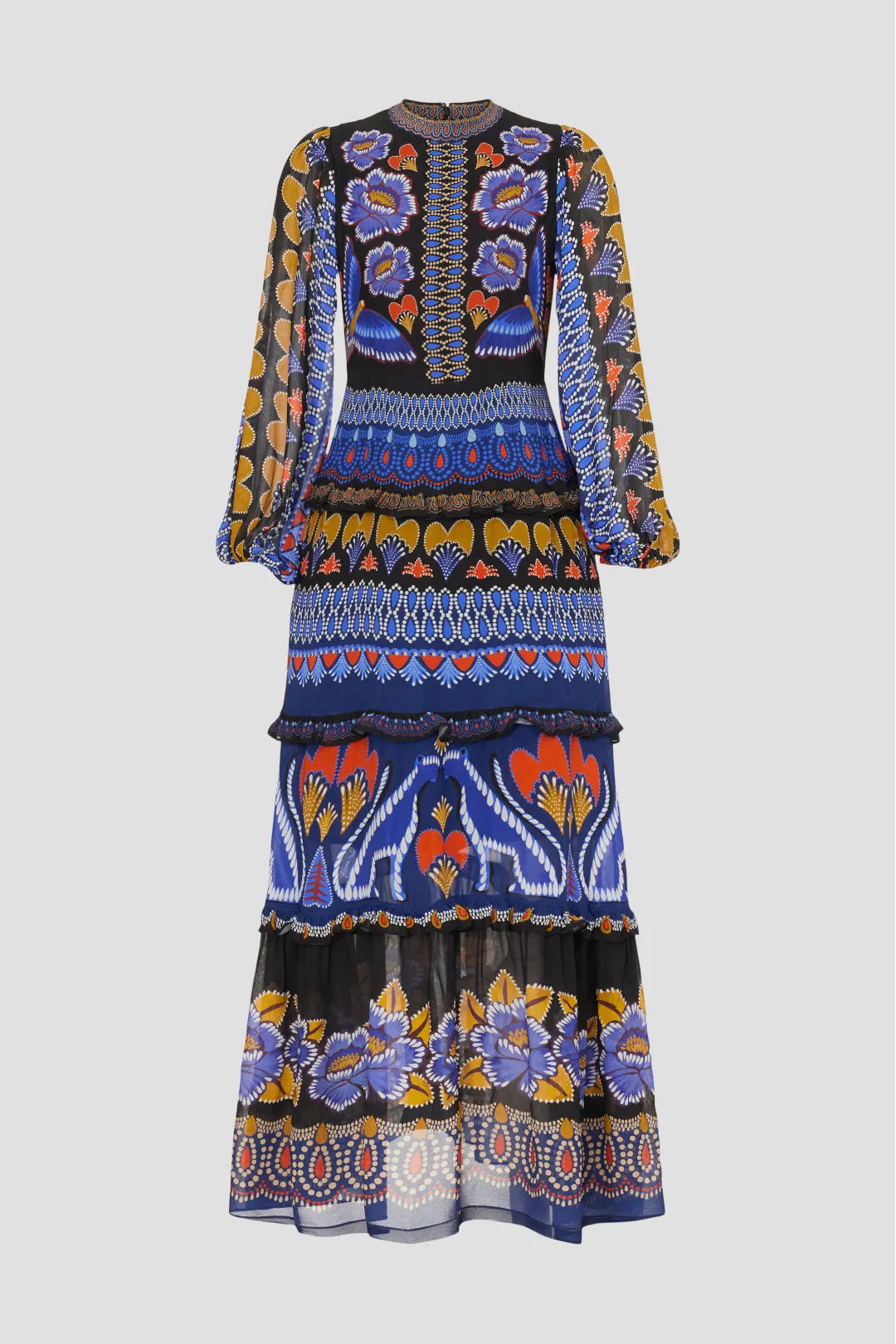 Elevate your autumn wardrobe with the Anika Maxi Dress by FARM Rio. Crafted from lightweight chiffon featuring a black geometric print, this A-line dress combines vibrant contrasting patterns with a delicate ruffle trim for a refined look. The long sleeves and mock neck provide subtle elegance, while the back zipper ensures a tailored fit. At 56 inches in length, its flowing silhouette effortlessly captures summer’s lively spirit well into the fall season. 