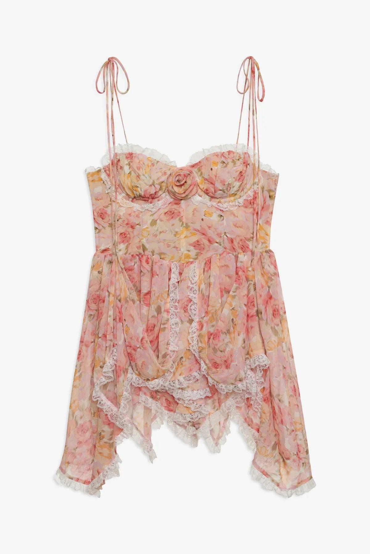 Elevate your summer wardrobe with the Elea Mini Dress, a delicate blend of romance and sophistication. This peach floral mini dress features structured underwire cups and a boned bodice for refined support and shape. Its multi-layered asymmetrical skirt gathers gracefully, ending with lace ruffles that add a subtle touch of elegance. Perfect for warm days and special occasions, the Elea Mini Dress offers a flattering silhouette that embodies effortless femininity.