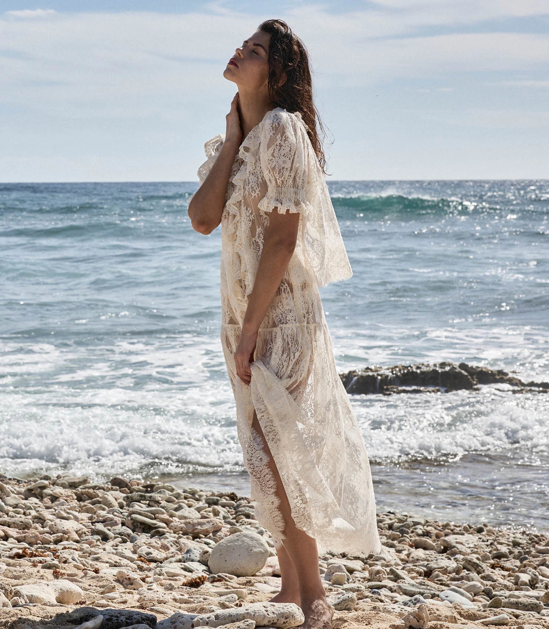 Crafted from delicate chantilly-inspired lace, the Sebastiane skirt by Doen embodies timeless elegance with its romantic silhouette. The high-waisted A-line cut flatters the figure while the scalloped hem adds refined detail, falling gracefully to mid-shin length. Unlined for a lightweight feel, this piece pairs beautifully with a slip for layering versatility. Perfect for those seeking sophisticated, vintage-inspired style with contemporary comfort.