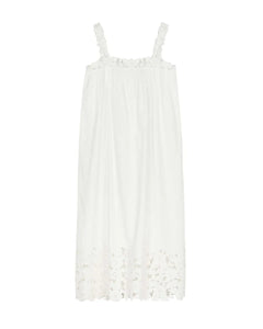Crafted from organic cotton poplin, the Ellen Dress in Salt showcases expert detailing with a square neckline featuring hand-placed floral embroidery cutwork. Thick straps ensure comfort and support, while the ankle-length hem is enhanced by clustered pintucks and shirring, adding subtle texture. This breathable maxi dress combines refined elegance with effortless wearability, making it an excellent choice for warm-weather occasions that call for both style and comfort.