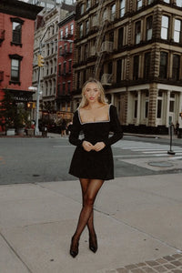 Indulge in luxury with the Pearl Mini Dress. Featuring a dramatic square neck line and a pearl trim from front to back, this dress is perfect for making a statement at any party. Elevate your style and confidence with this elegant and exclusive piece.