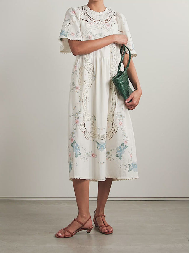 Crafted from a refined cotton and linen blend, the Vesna Linen Dress by SEA features delicate broderie anglaise trim and intricate embroidery, highlighting expert craftsmanship. Its midi length offers timeless elegance, while breathable fabrics ensure comfort in warmer weather. This dress effortlessly balances classic design with modern appeal, making it a versatile addition to a sophisticated wardrobe.